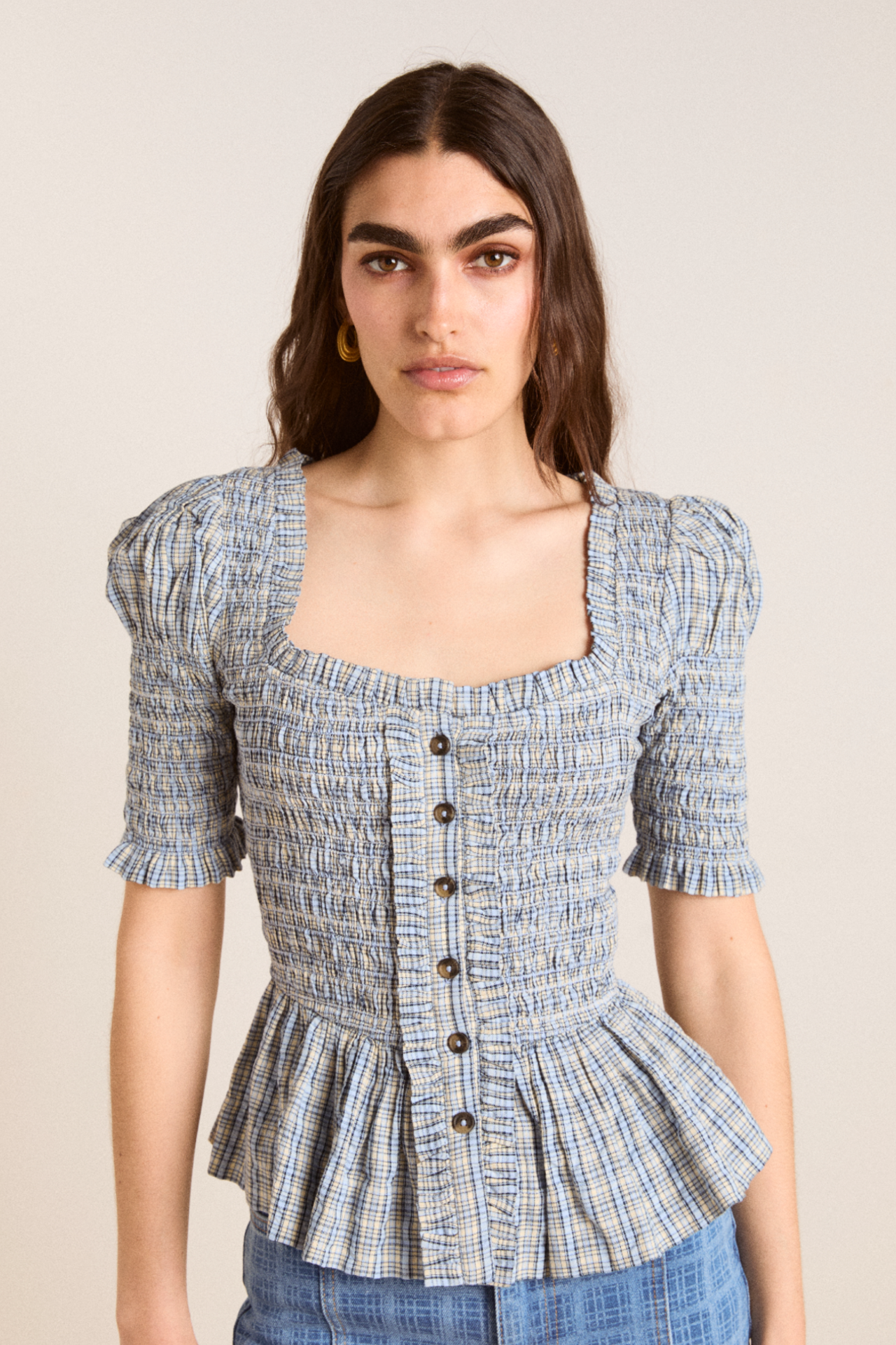 mansi shirred blouse - cloudy check