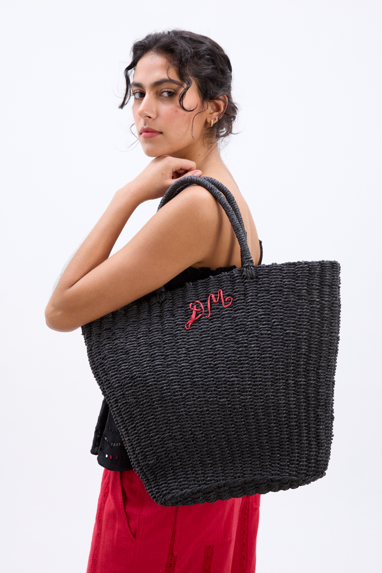 straw market bag with dm logo